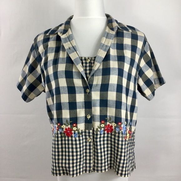 maggie & max Tops - Vintage Cottagecore Buffalo Check Button Front Top Shirt Embroidered Size L